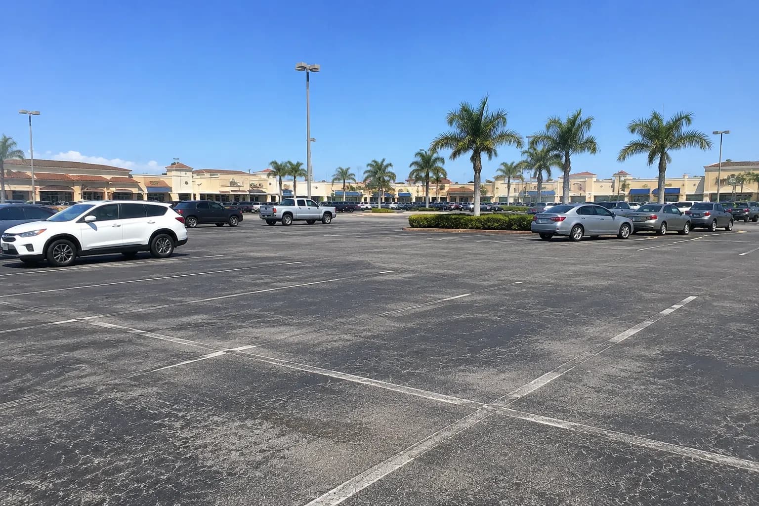 Parking lot at a suburban shopping plaza in South Florida with retail buildings and palm trees