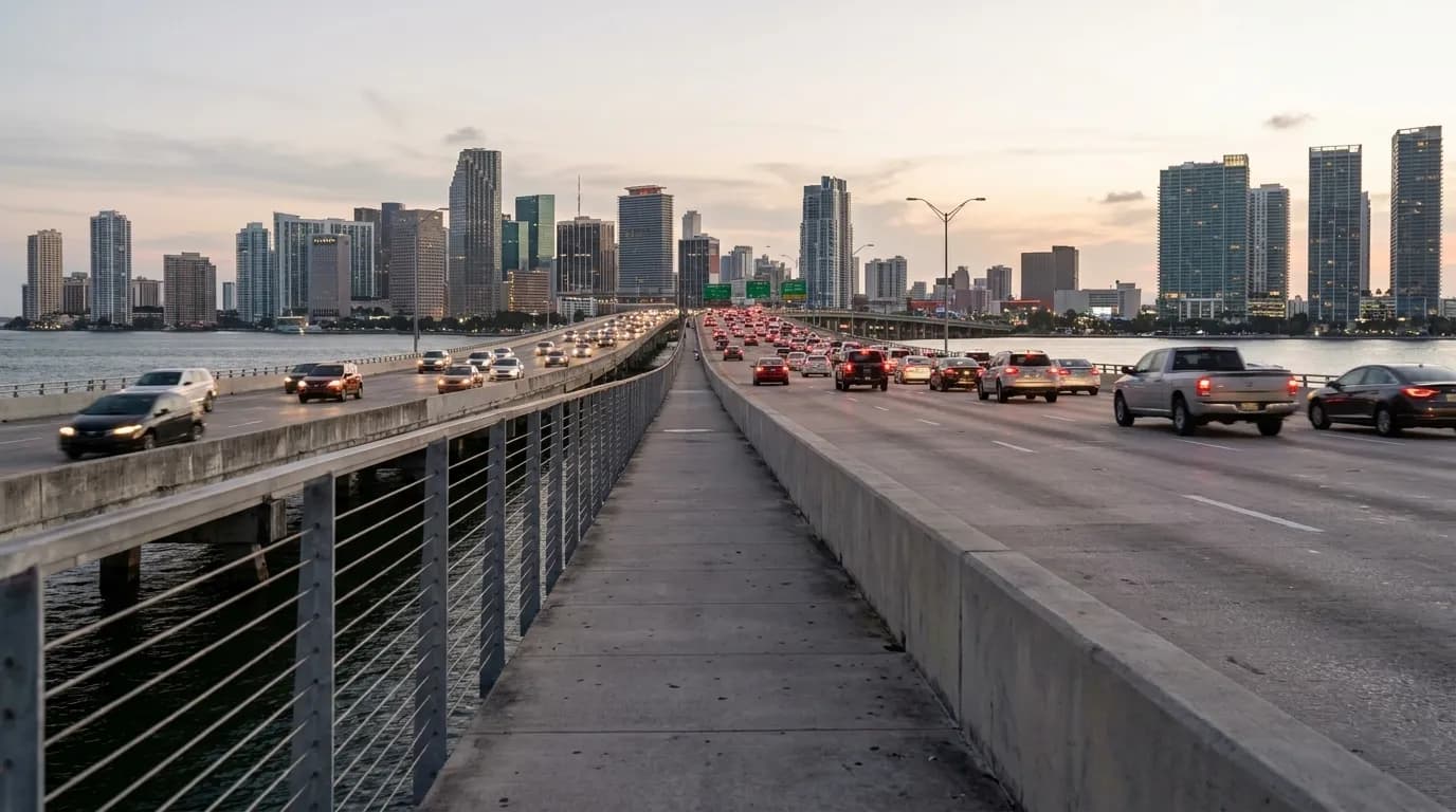 Traffic on the MacArthur Causeway at dusk with Miami skyline in the distance