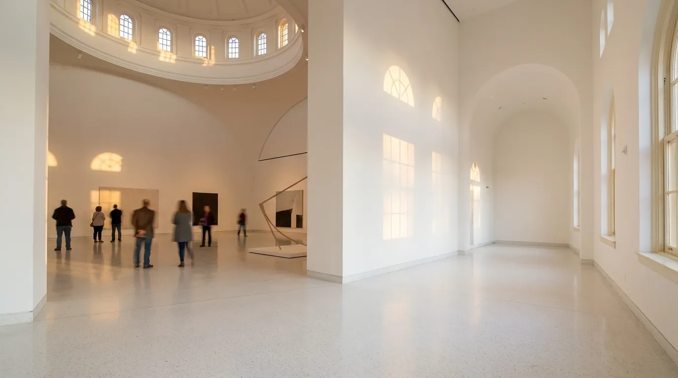 Bright gallery interior at the Bass Museum with terrazzo floors and natural light