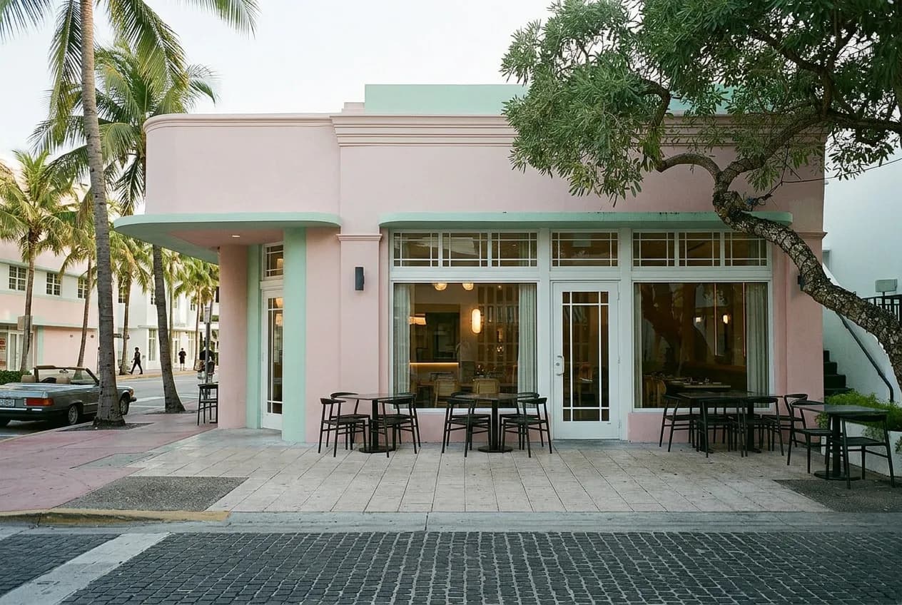 Art Deco hotel facade on Collins Avenue in Miami Beach with morning light and pedestrians passing