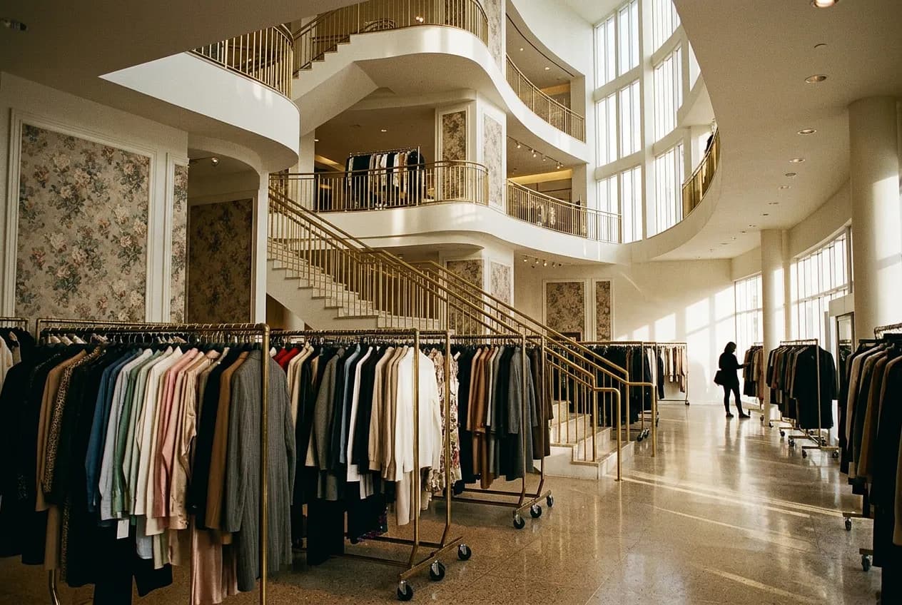 Interior view of a multi-story luxury retail space with brass fixtures and vintage wallpaper detail