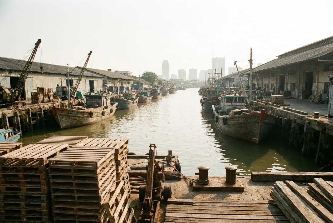 A working river lined with docks, small cargo boats and low warehouses