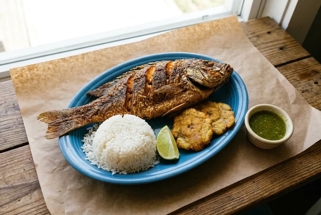 A whole fried fish on a platter with rice and plantain