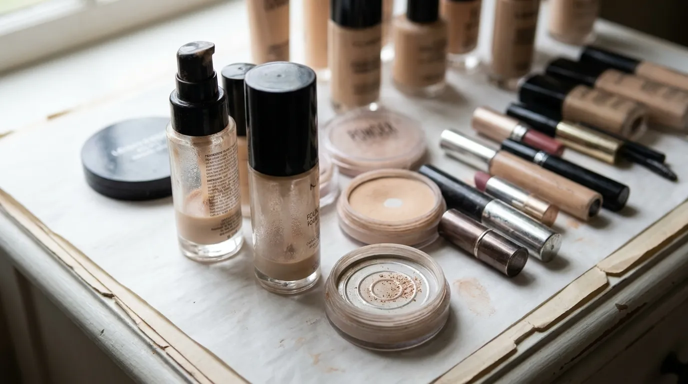 Close-up of setting spray bottles and foundation compacts on white surface