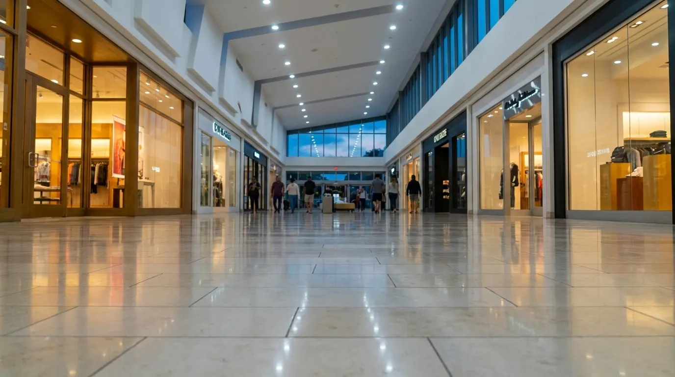 Interior corridor of Dadeland Mall with shoppers and storefronts in early evening