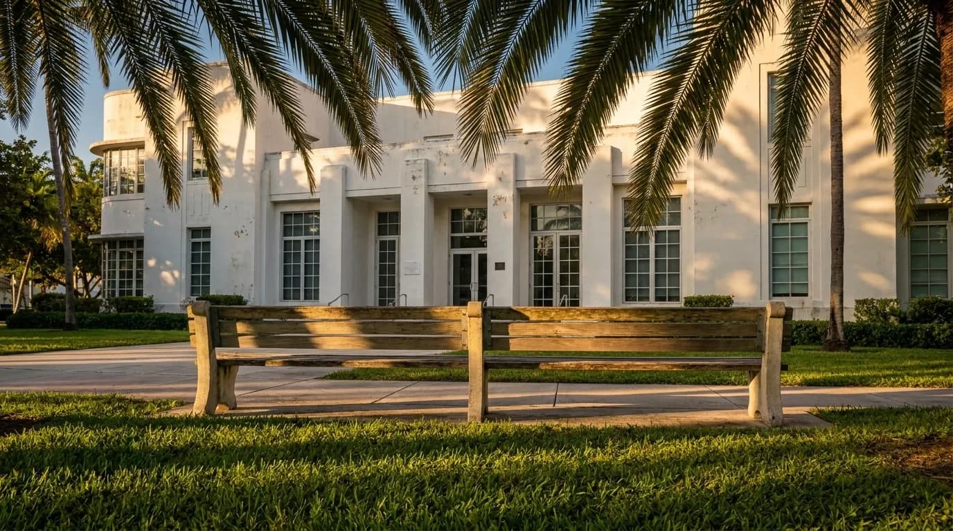 Shaded bench at Collins Park in Miami Beach with Bass Museum visible in background during late afternoon