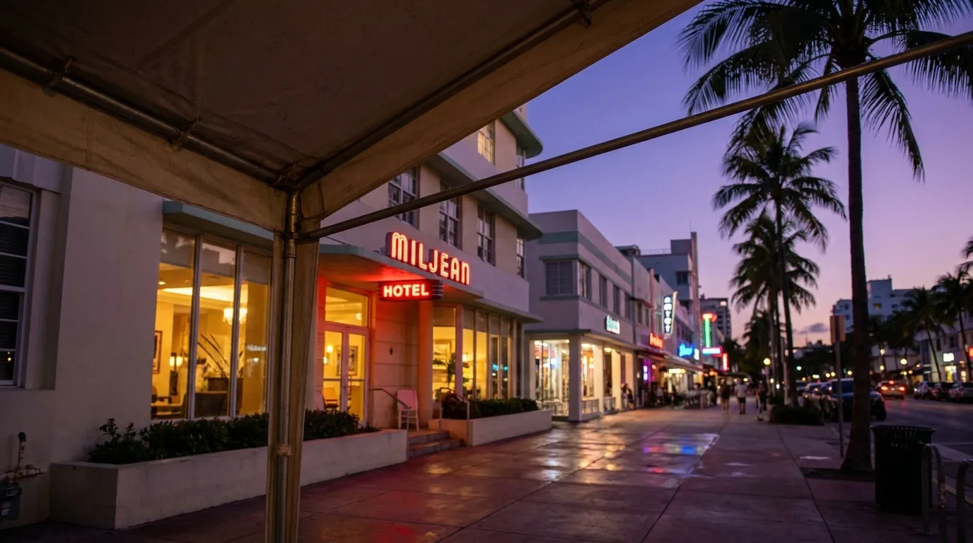 Washington Avenue sidewalk in South Beach at dusk with awnings and storefronts lit for evening
