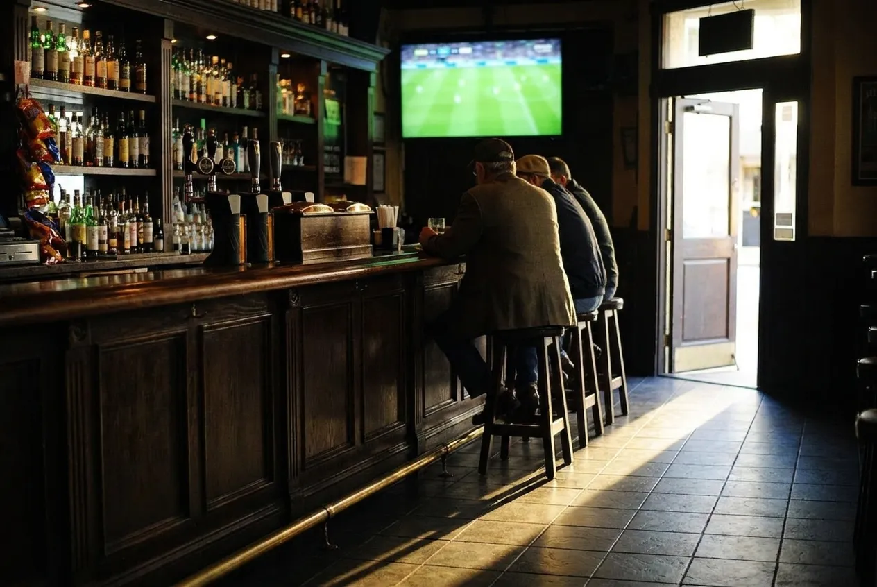A dark Irish pub interior in the morning with a row of taps, a single lit screen and low sun coming through the front door onto the floor