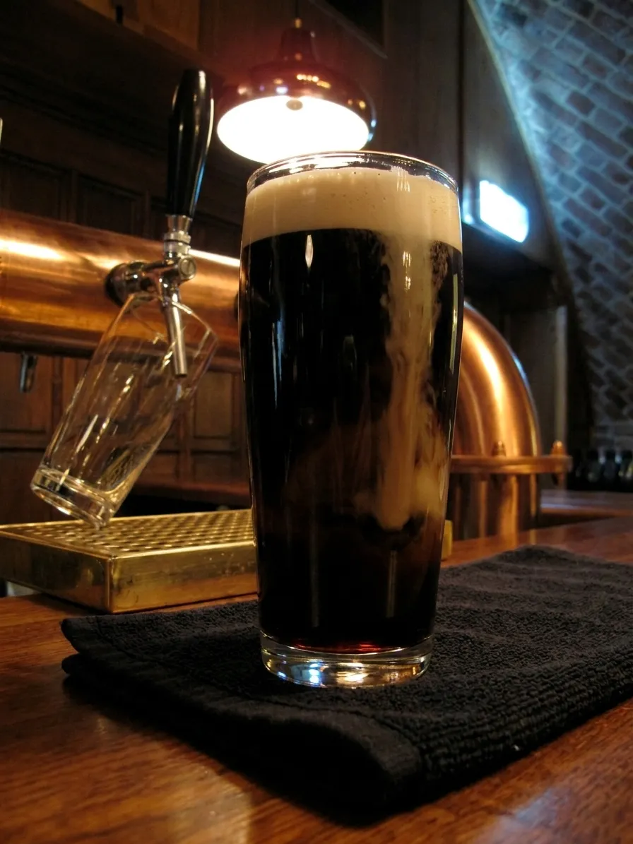 A settling pint of stout on a bar towel, the surge still visible, with a second glass waiting under the tap behind