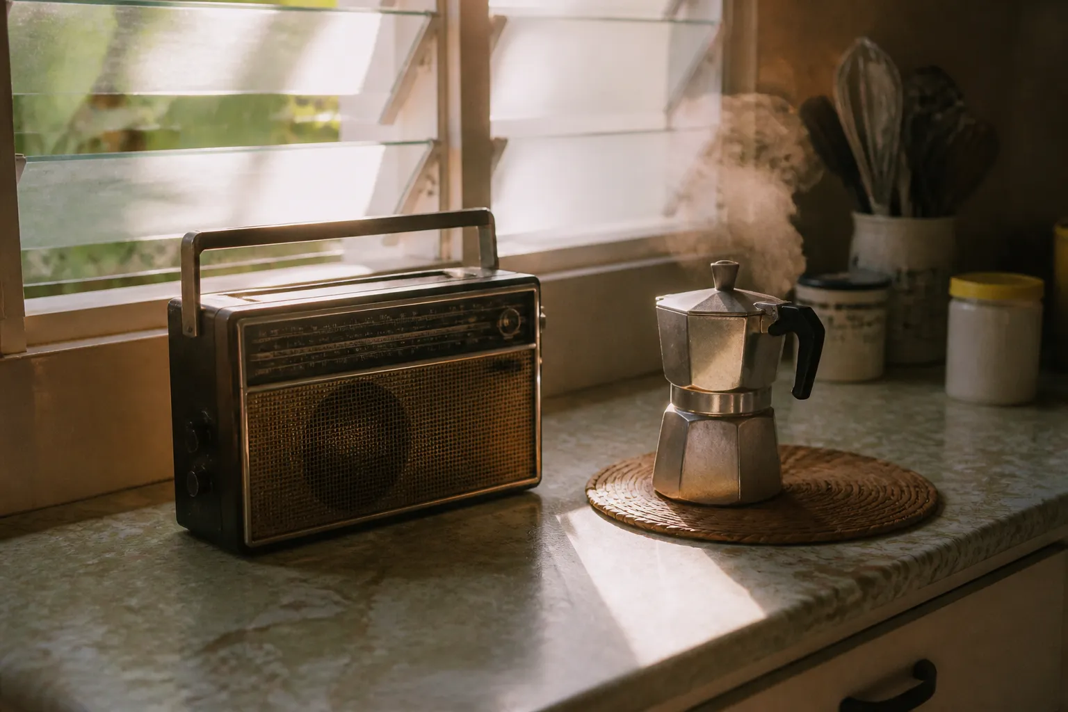A vintage portable radio on a Formica kitchen counter beside a Moka pot, warm morning light through a jalousie window