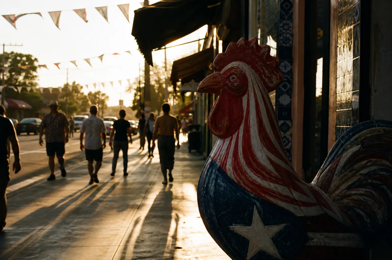 Late-afternoon light on a Calle Ocho sidewalk with a rooster statue, string of pennant flags overhead and pedestrians passing a tiled storefront