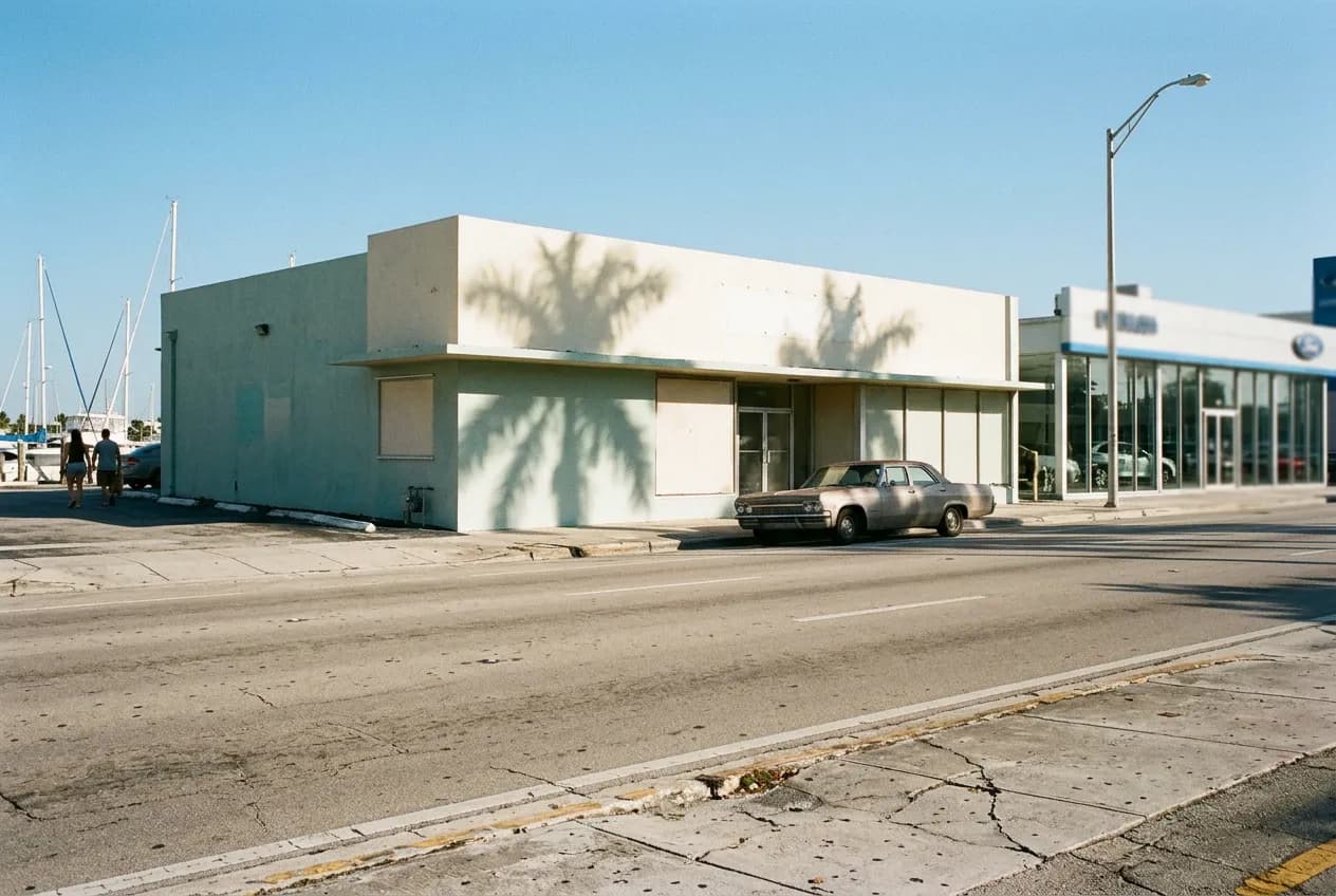 Low-slung mid-century commercial building on a wide Miami avenue with palm shadows crossing the facade