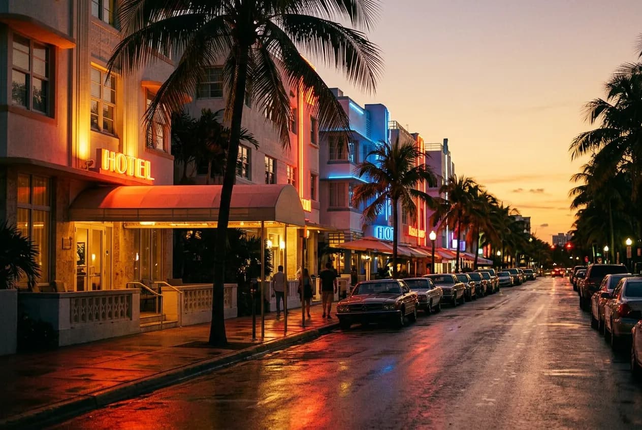 Evening street view of Collins Avenue in Miami Beach with Art Deco hotel facades and palm trees