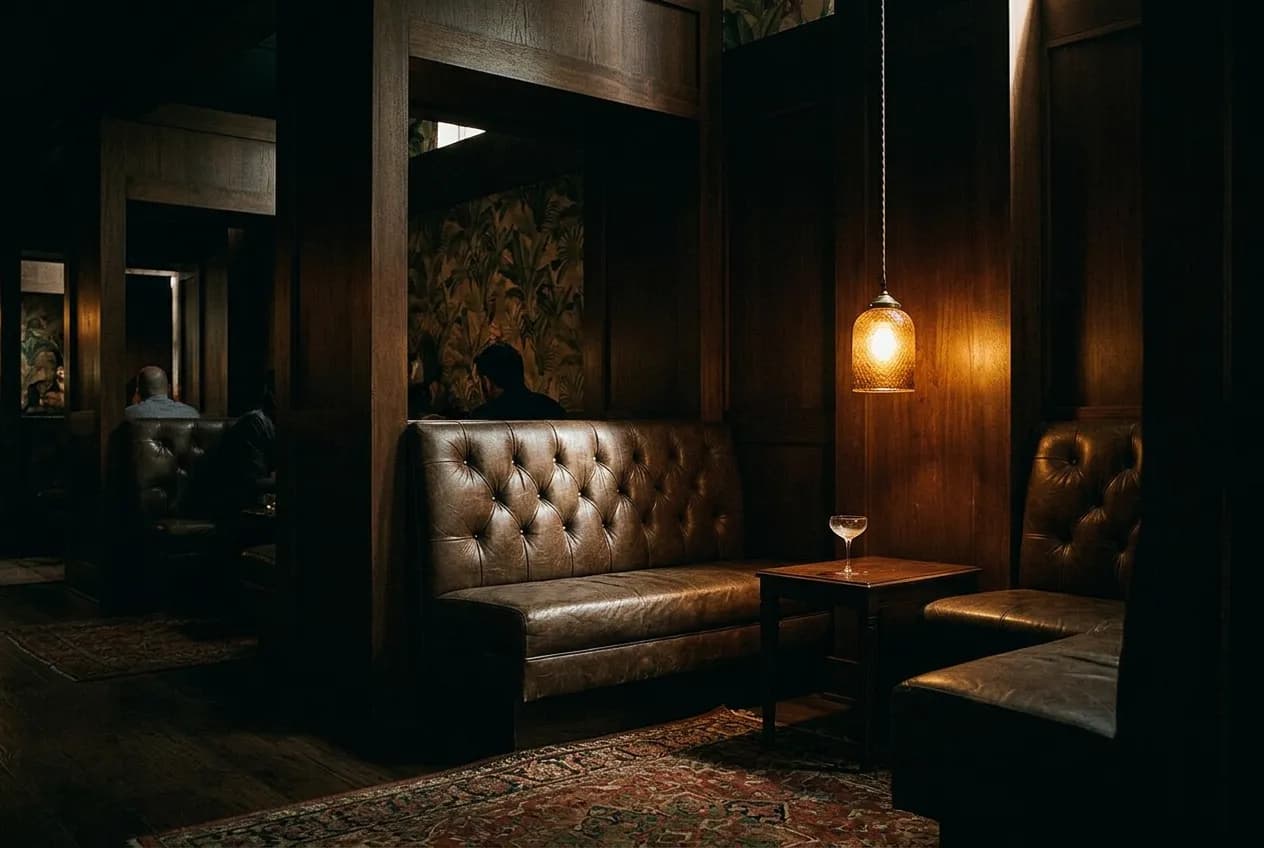 Dim lounge interior with leather seating, tropical wallpaper, and low amber light in a Miami Beach cocktail room