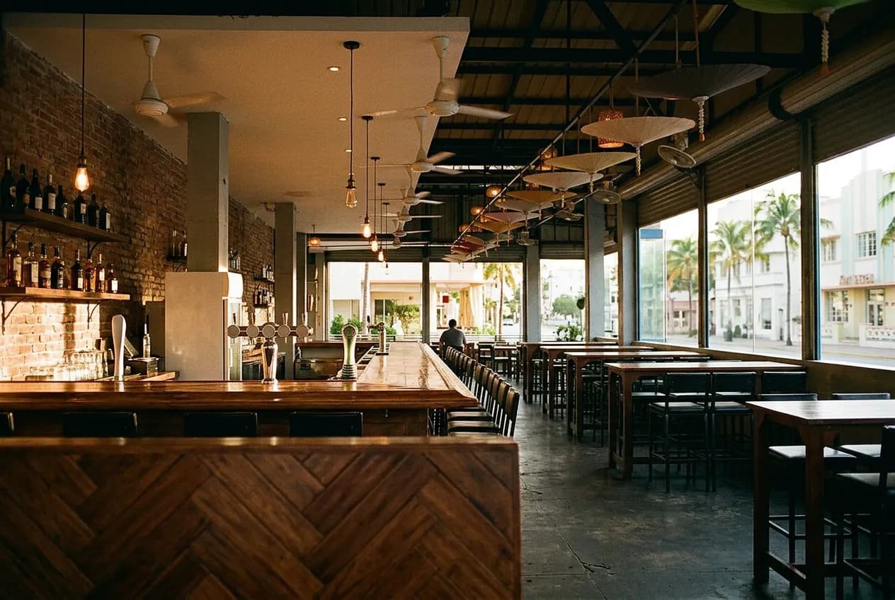 Warm wood-and-brick bar interior with herringbone booths and quiet early-morning light.