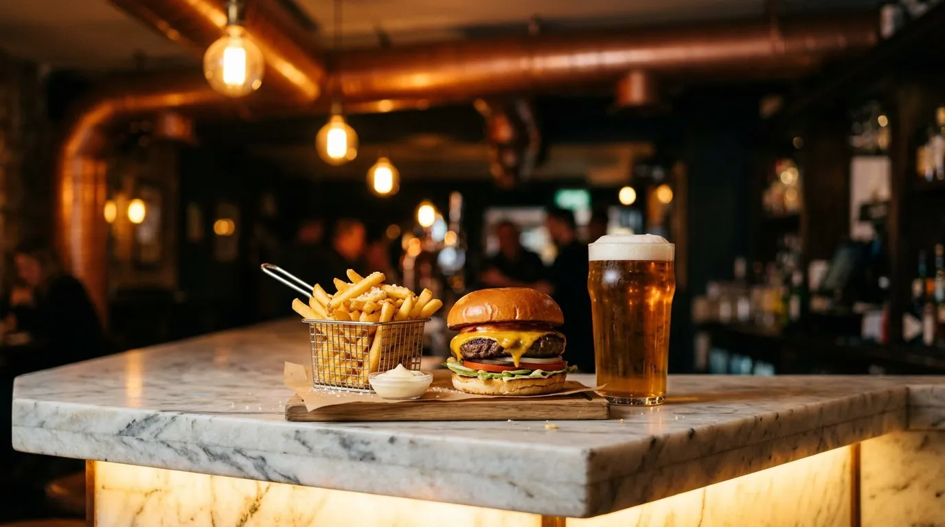 Burger and beer on a marble bar under warm Edison bulb lighting