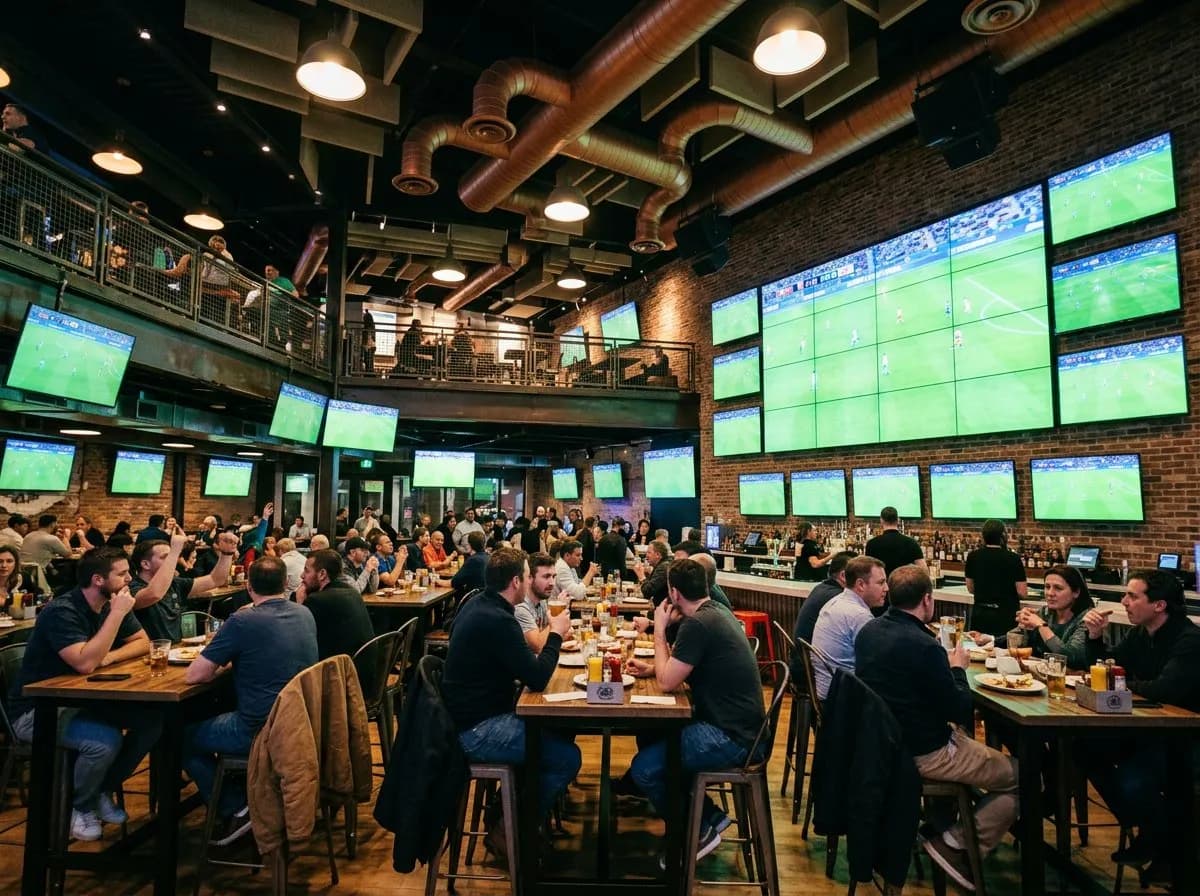 Wide view of a sports bar interior with screens and patrons watching a match