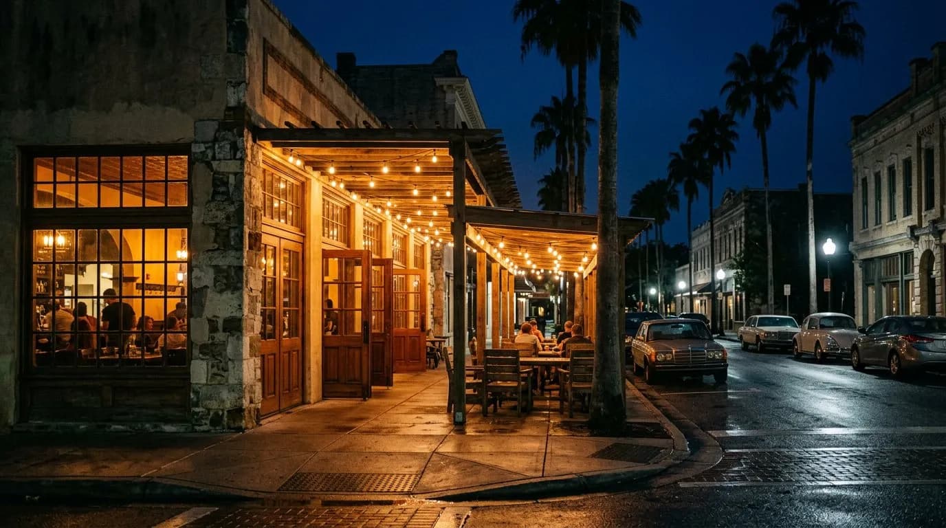 Night exterior of a beer hall restaurant glowing on a quiet Coral Gables street