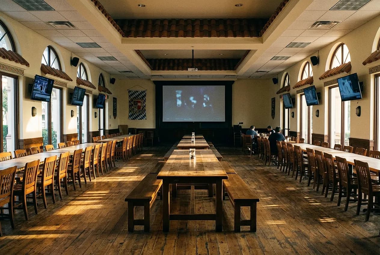 Interior of a wood-table beer hall with a large screen at one end and diners seated at long communal tables.