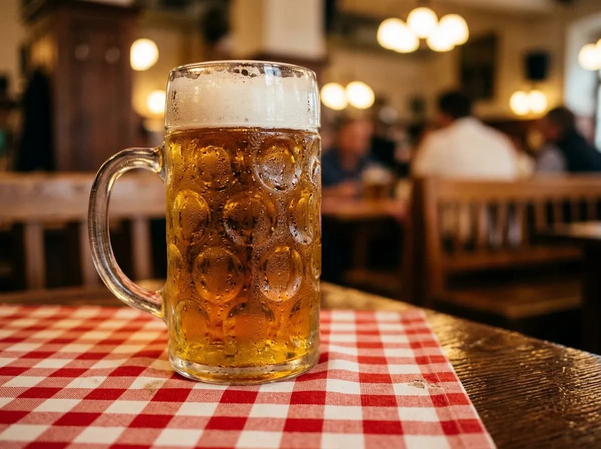 Close-up of a full beer stein on a checkered tablecloth at a wooden table