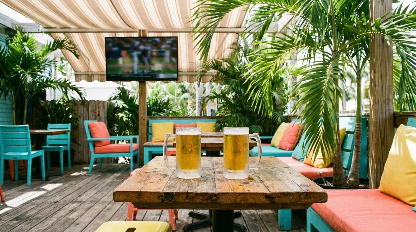 Sunlit Miami bar patio with draft beers on a wooden table and a game glowing on an outdoor screen
