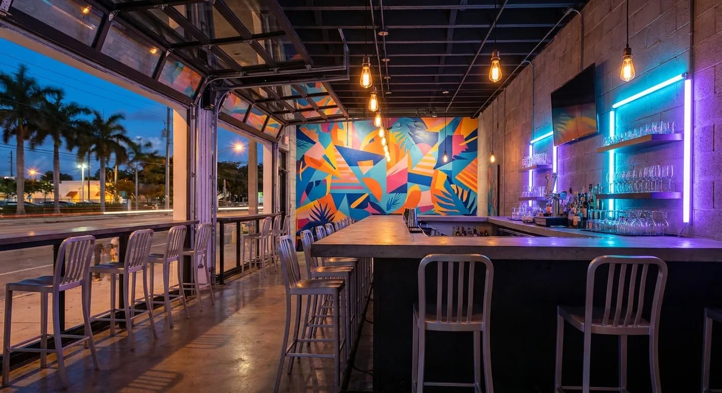 Neon-lit bar interior in Wynwood with colorful mural wall and pendant lights over the counter