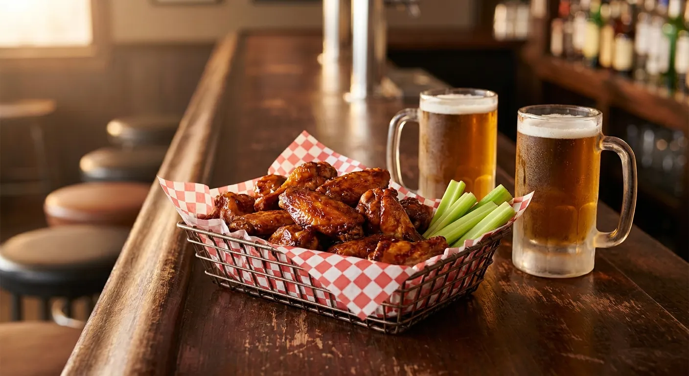 Basket of glossy chicken wings and celery beside two draft beers on a checkered paper liner
