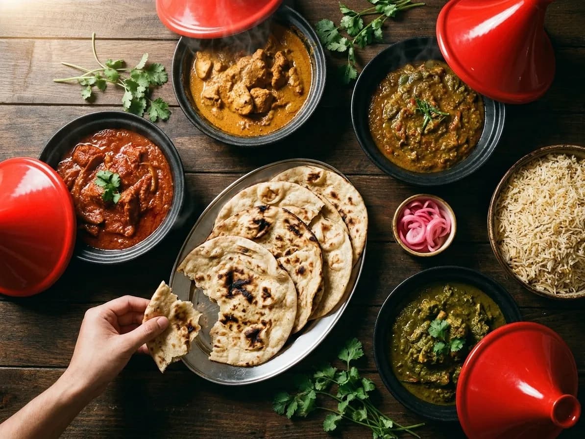A table covered in shared Indian dishes in copper and ceramic bowls with stacked flatbreads, hands serving from the centre