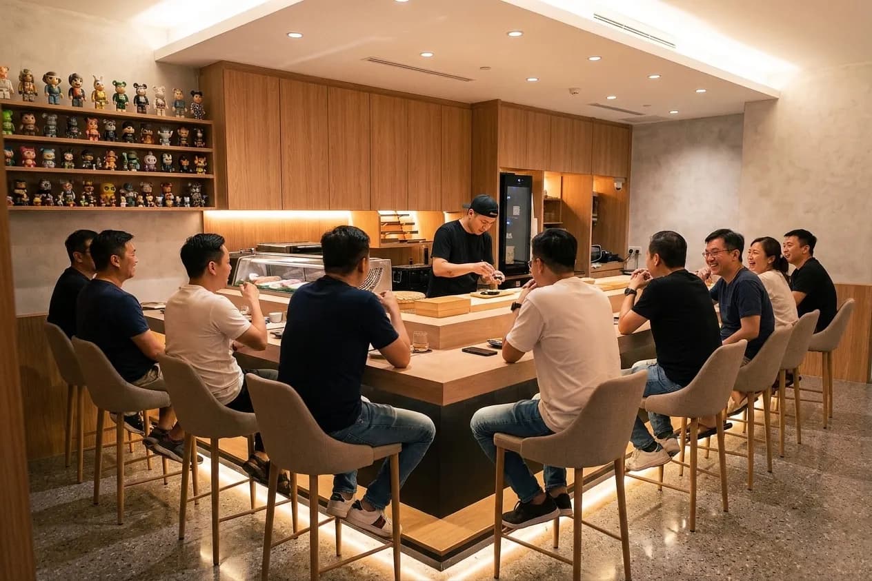 A bright casual sushi counter lined with small collectible figures, diners on stools and a chef assembling a piece mid-service
