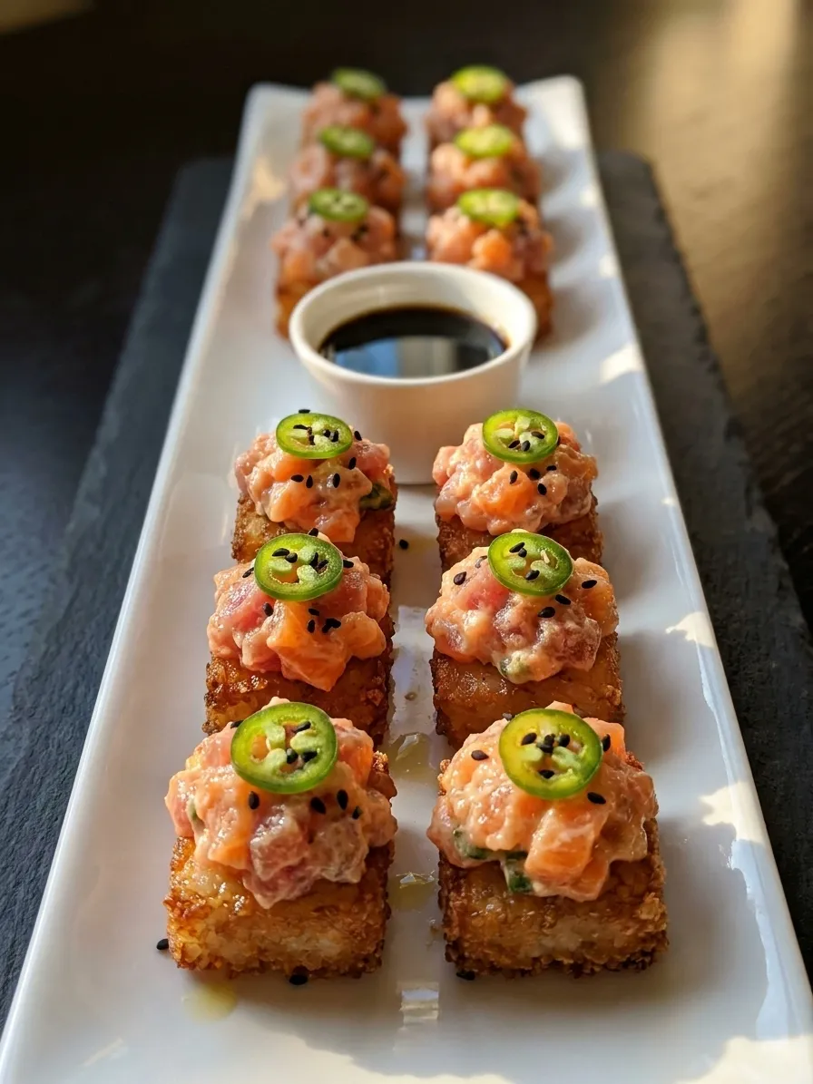Four squares of pressed crisped rice topped with chopped fish and jalapeno on a slate, oil still glistening at the edges