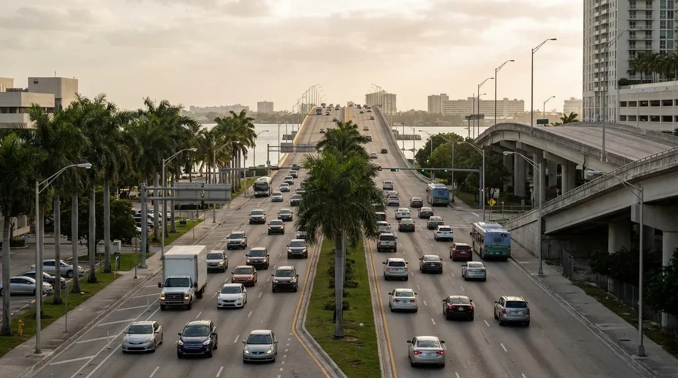 Biscayne Boulevard traffic approaching Aventura Mall area in late afternoon light