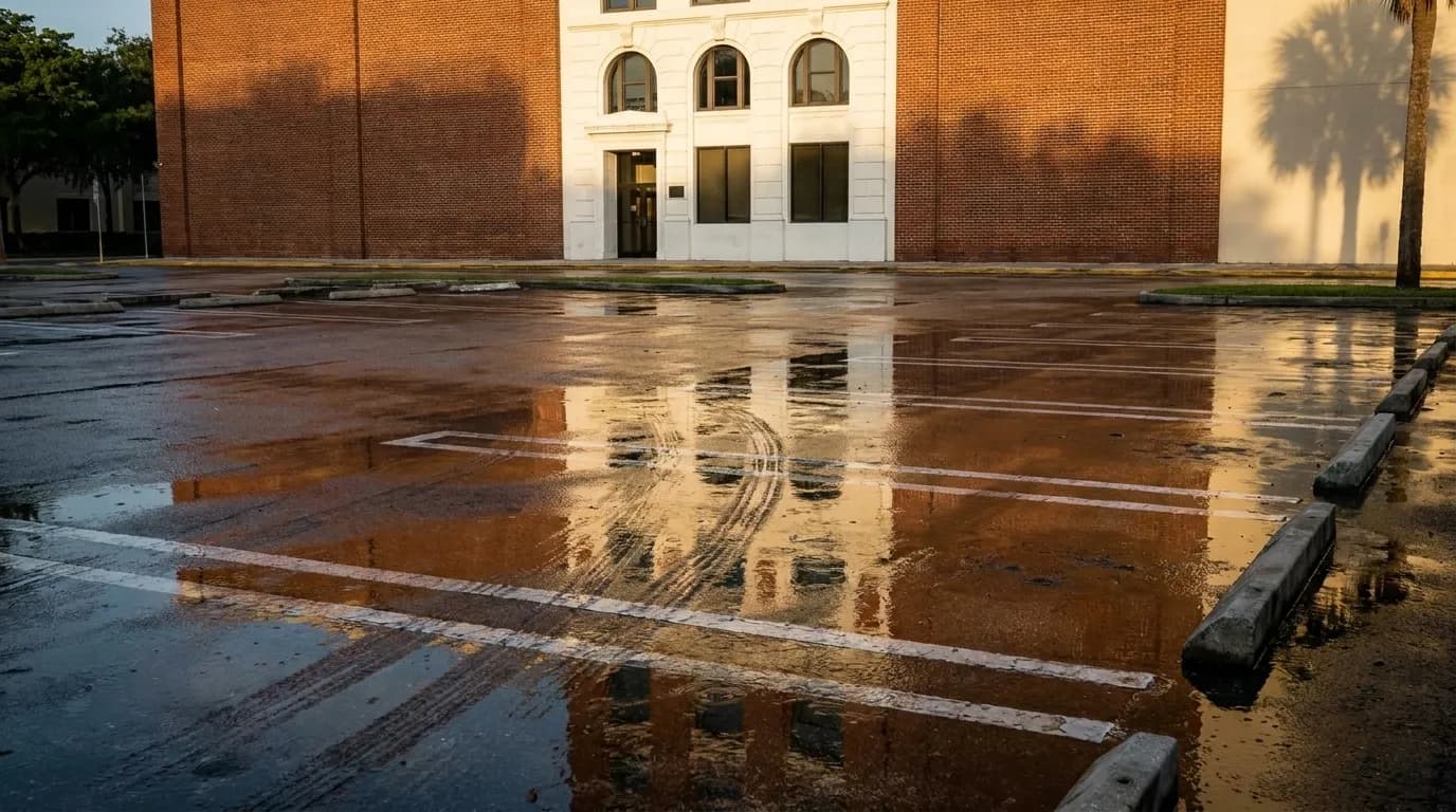 Wet asphalt parking lot with puddles and painted stripes after Miami afternoon rain