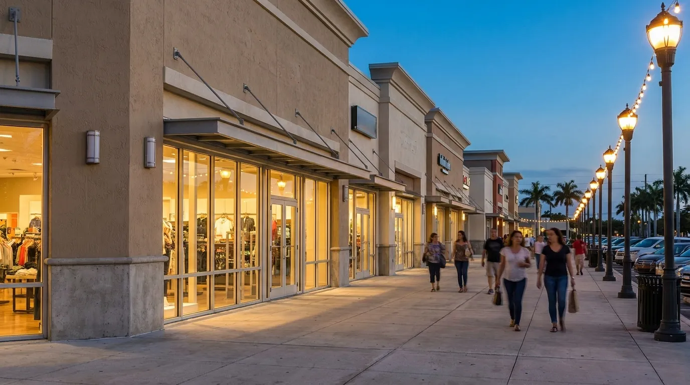 SW 88th Street retail corridor near Dadeland at dusk with storefronts and streetlights