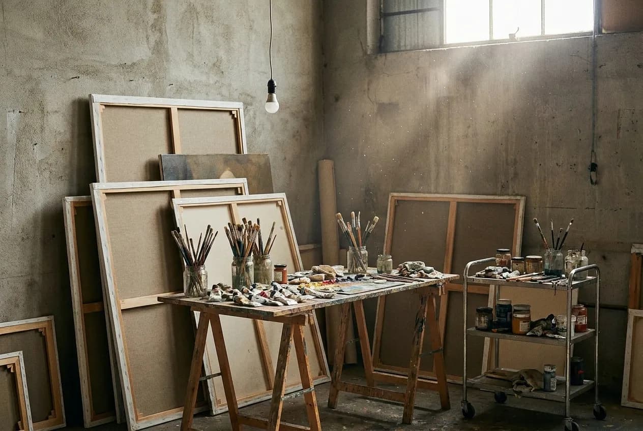 A cluttered artist's studio with works in progress leaning against a wall
