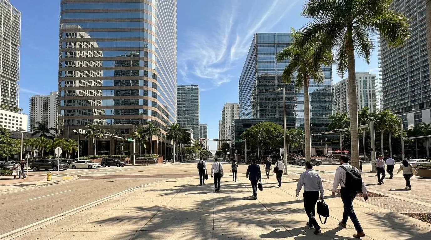 Brickell Avenue in Miami with glass towers and palm-lined sidewalks on a clear morning