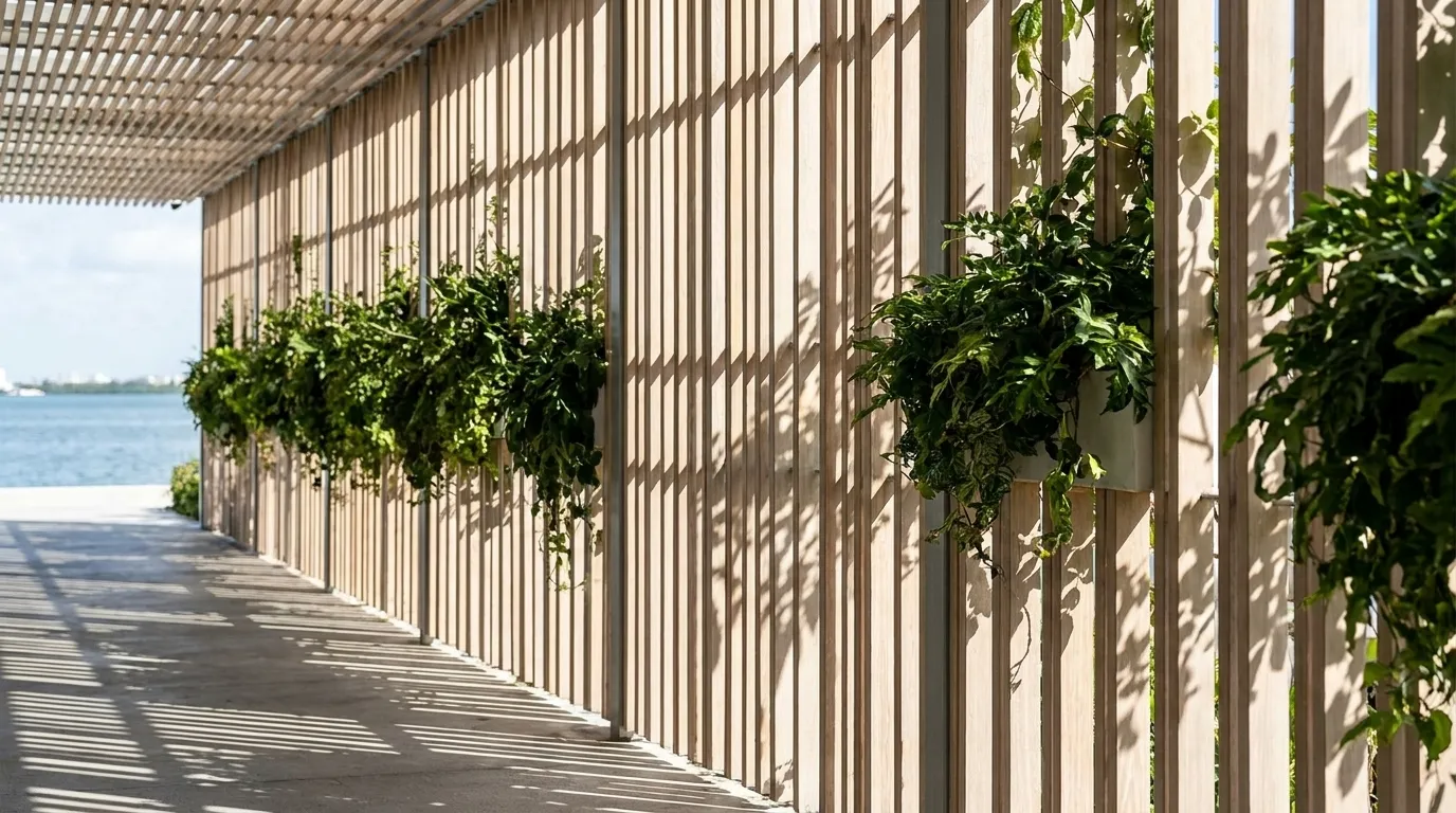 Shaded terrace at Pérez Art Museum Miami with wooden screens and bay views