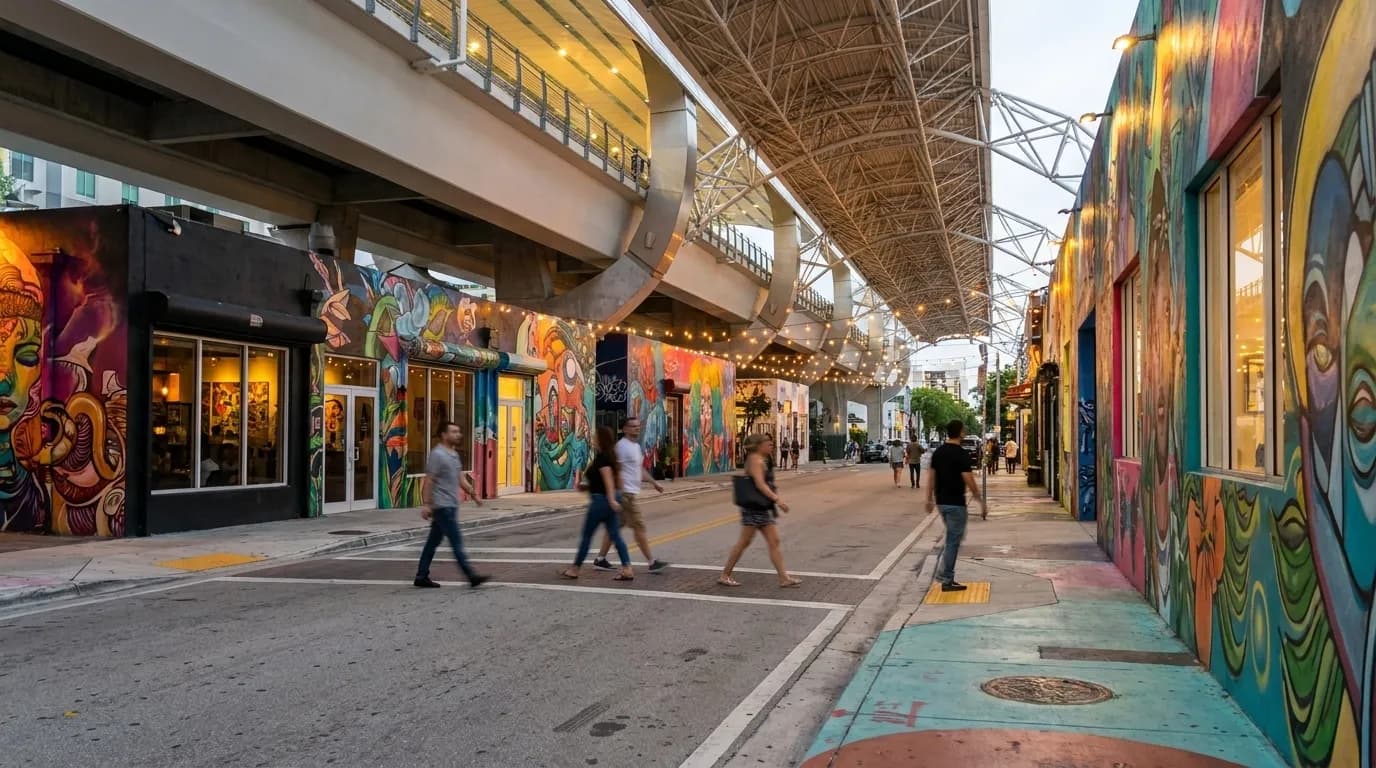 Evening street scene in Wynwood with murals and pedestrians along Northwest Second Avenue