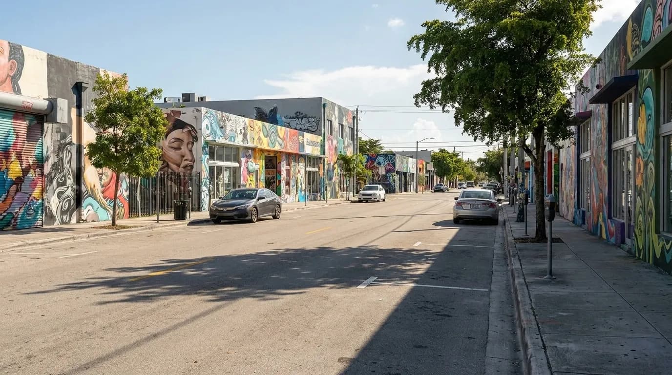 NW 2nd Avenue in Wynwood, Miami, showing metered street parking and commercial buildings on a clear morning before afternoon storms