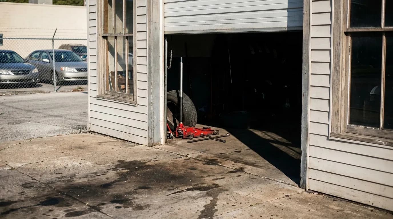 Exterior of a Miami tire shop service bay, showing work area and tools in morning light