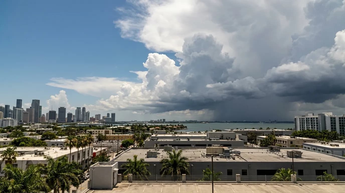 Afternoon storm clouds building over Miami's skyline, viewed from Midtown, showing the approaching weather typical of August afternoons