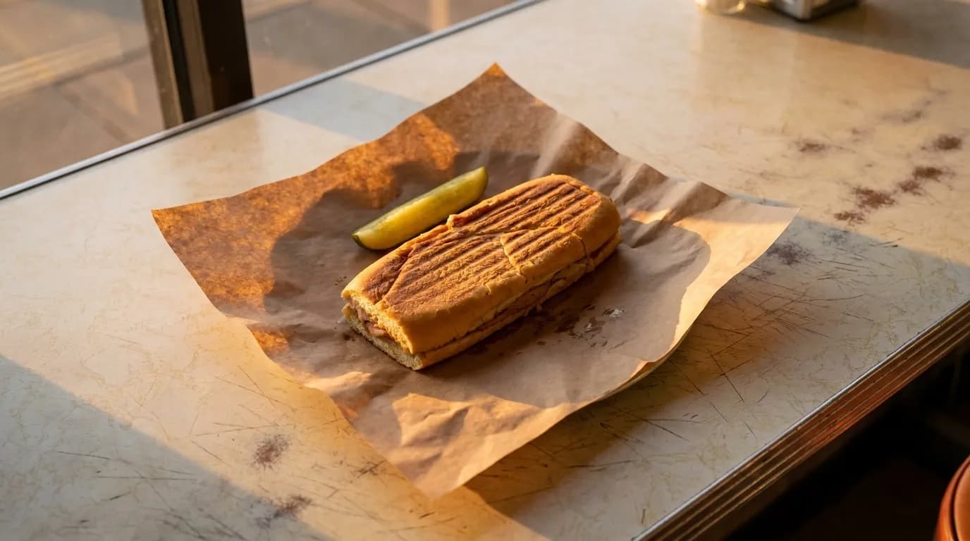 Pressed Cuban sandwich on butcher paper at a Little Havana counter in afternoon light