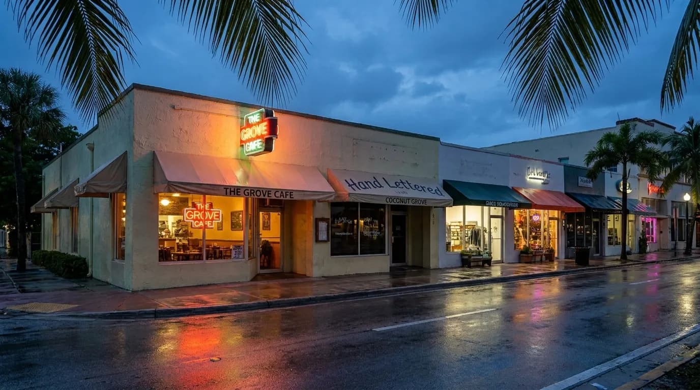 Wet Grand Avenue storefronts in Coconut Grove after an evening rain