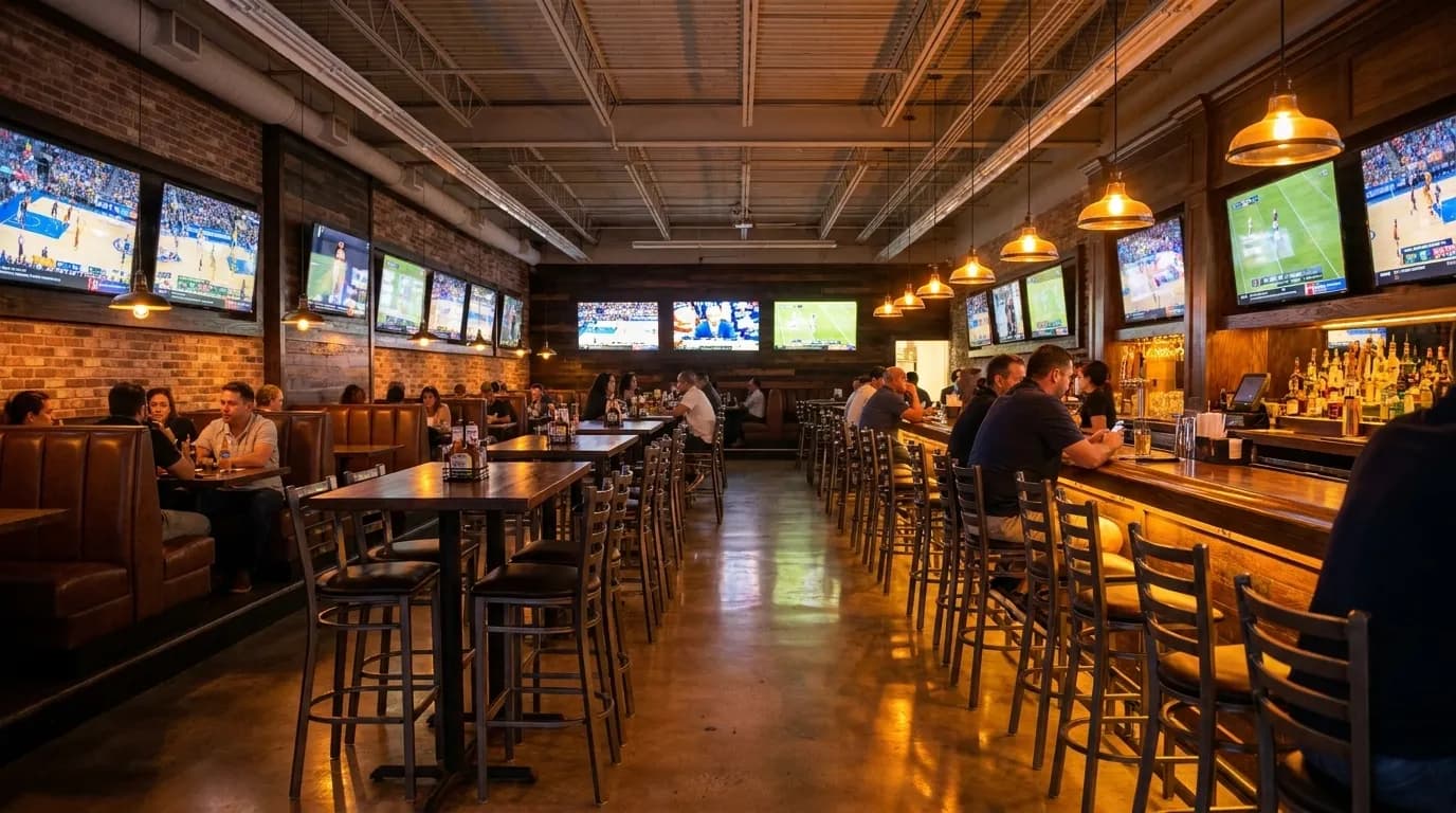 Interior of a Miami sports bar with multiple screens and tables
