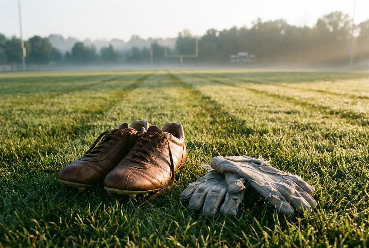 A lone player's cleats and gloves on the grass of an empty practice field at sunrise