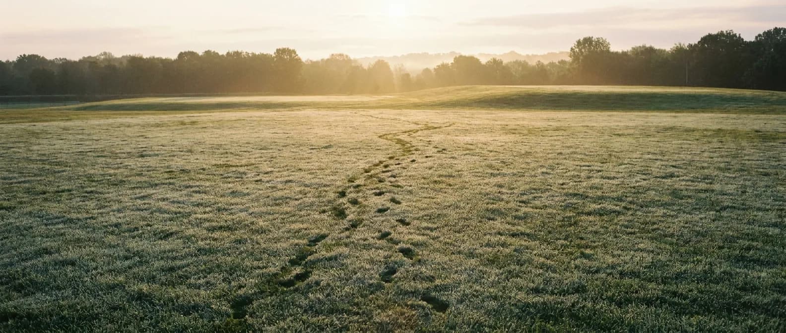 Footprints in dewy grass across an empty football practice field in early morning light
