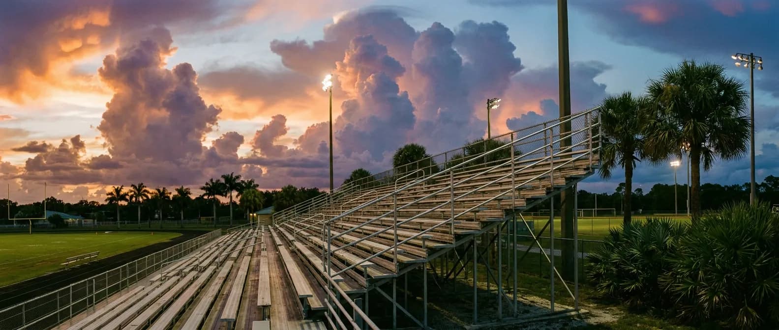 High school football stadium bleachers under dramatic South Florida clouds at dusk