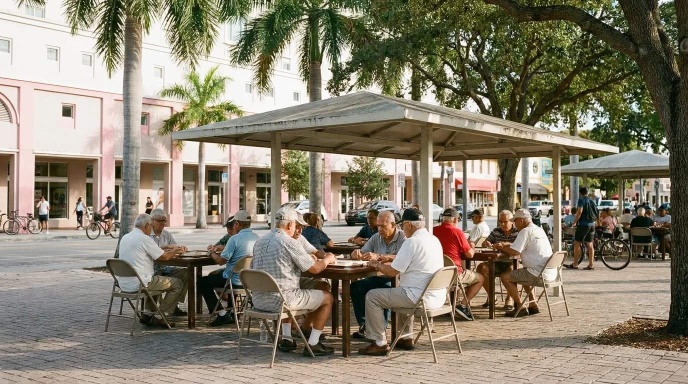 Elderly men playing dominoes at outdoor tables in Máximo Gómez Park under the shade of banyan trees.