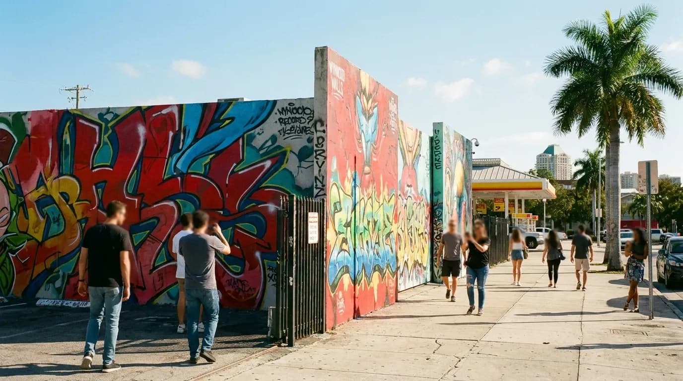 Colorful Wynwood Walls murals in Miami with sidewalk and morning light
