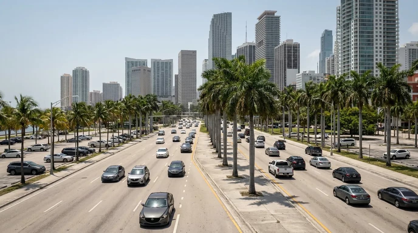 Biscayne Boulevard traffic and palm-lined median in Miami
