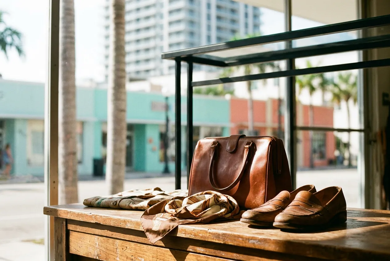 Vintage handbag, scarf and shoes on a wooden counter with soft midcentury storefront light behind